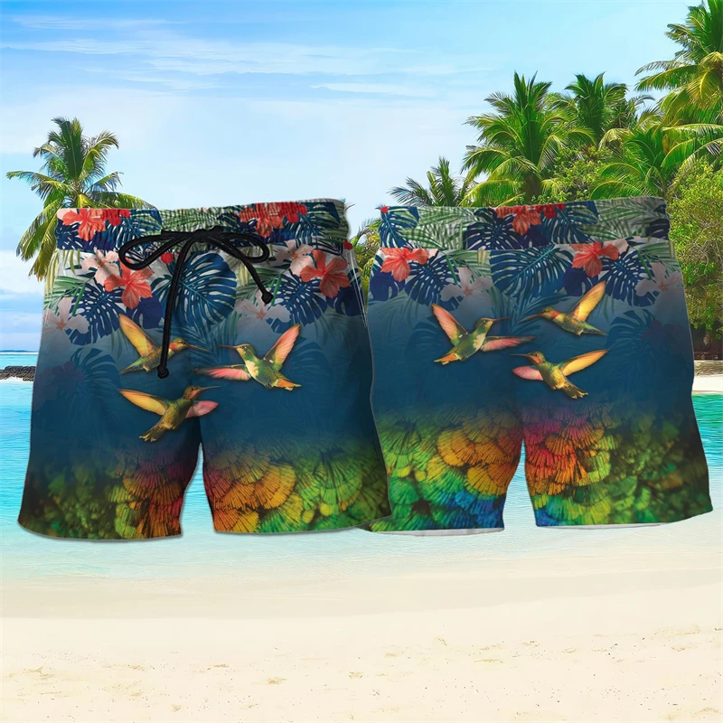 Cute Hummingbird Graphic Hawaiian Short Pants Funny Summer Fashion 3D Birds Printed Beach Shorts Casual Breathable Swim Trunks