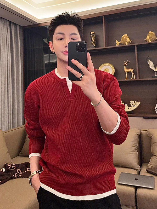 

Red New Year V-Ne Pullover Knitwear Men's Autumn Winter Korean Sle Inner Wear Base Layer Splice Design Casual Sweater