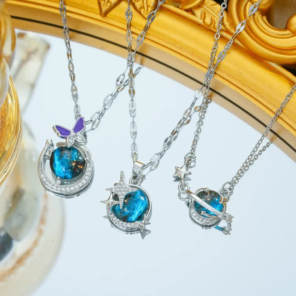 Stainless Steel Chain Dreamy Romantic Blue Planet with Zircon Pendant Necklaces for Women Girls Jewelry Christmas Birthday Gifts