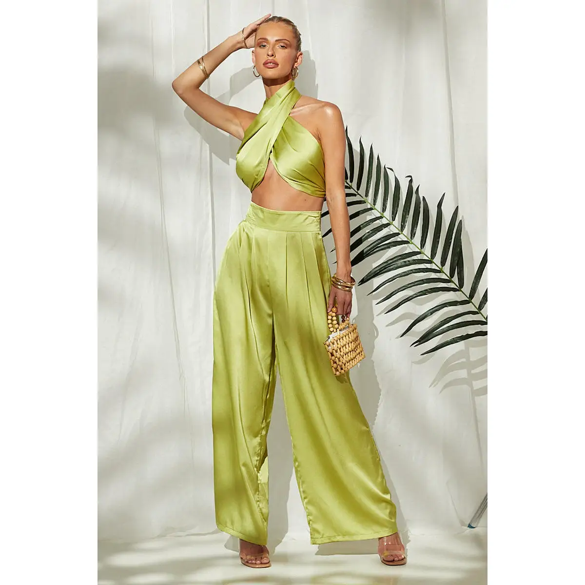 202 الصيف لون نقي التفاف الصدر Ne معلقة بنطال ذو قصة أرجل واسعة قطعتين مجموعة المرأة Faion Ensemble Ele حصيرة تصميم