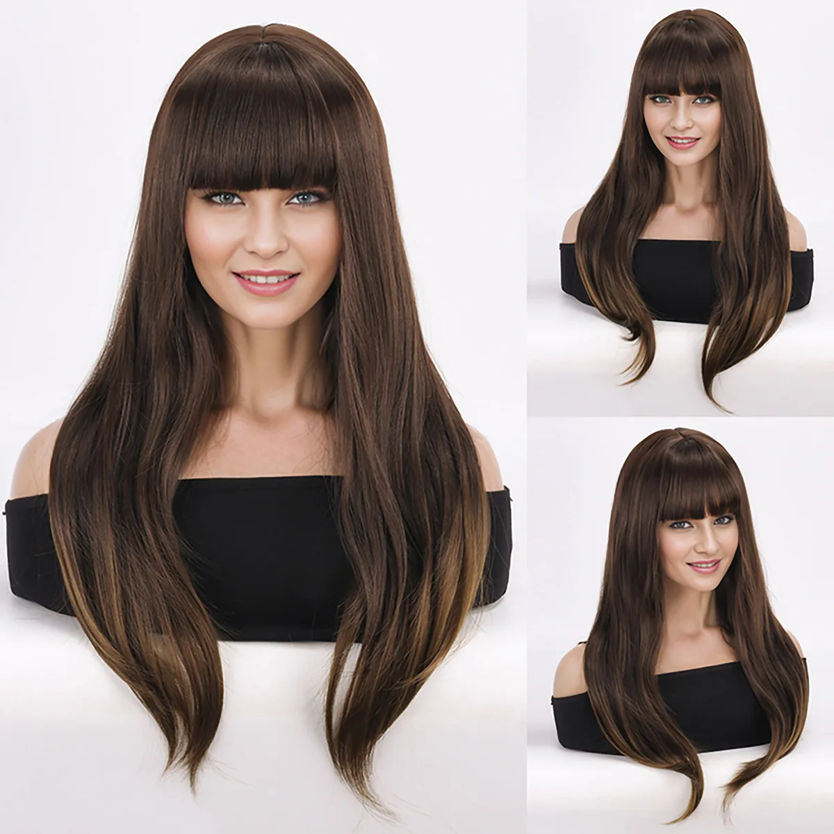 European and American fashion wig, women's headband with bangs, gold gradient, long straight hair-Synthetic fiber wig