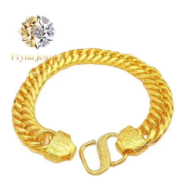 Pryna Jewelry  24K Gold Bracelet 10mm Fu Buckle Men's Domineering Glossy Tank Chain Boss Chain Unisex AU999