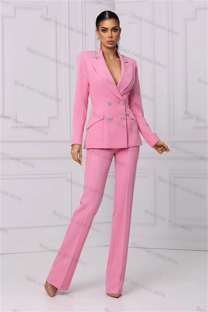 Pink Crystals Women Suit Pants Set 2 Piece Blazer+Trousers Luxury Prom Dress Wedding Tuxedo Party Jacket Coat Customize Made