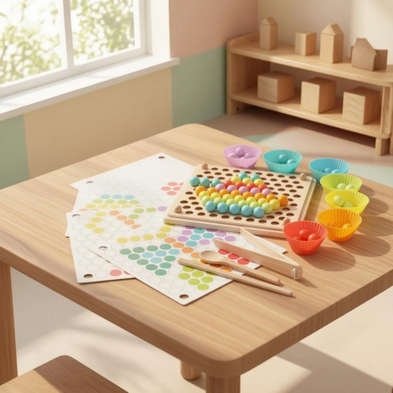 Wooden Bead Sorting Toy Educational Bead Grasping Puzzle Toy Wooden Beads Activity Set with Pattern Cards Educational Hands-On