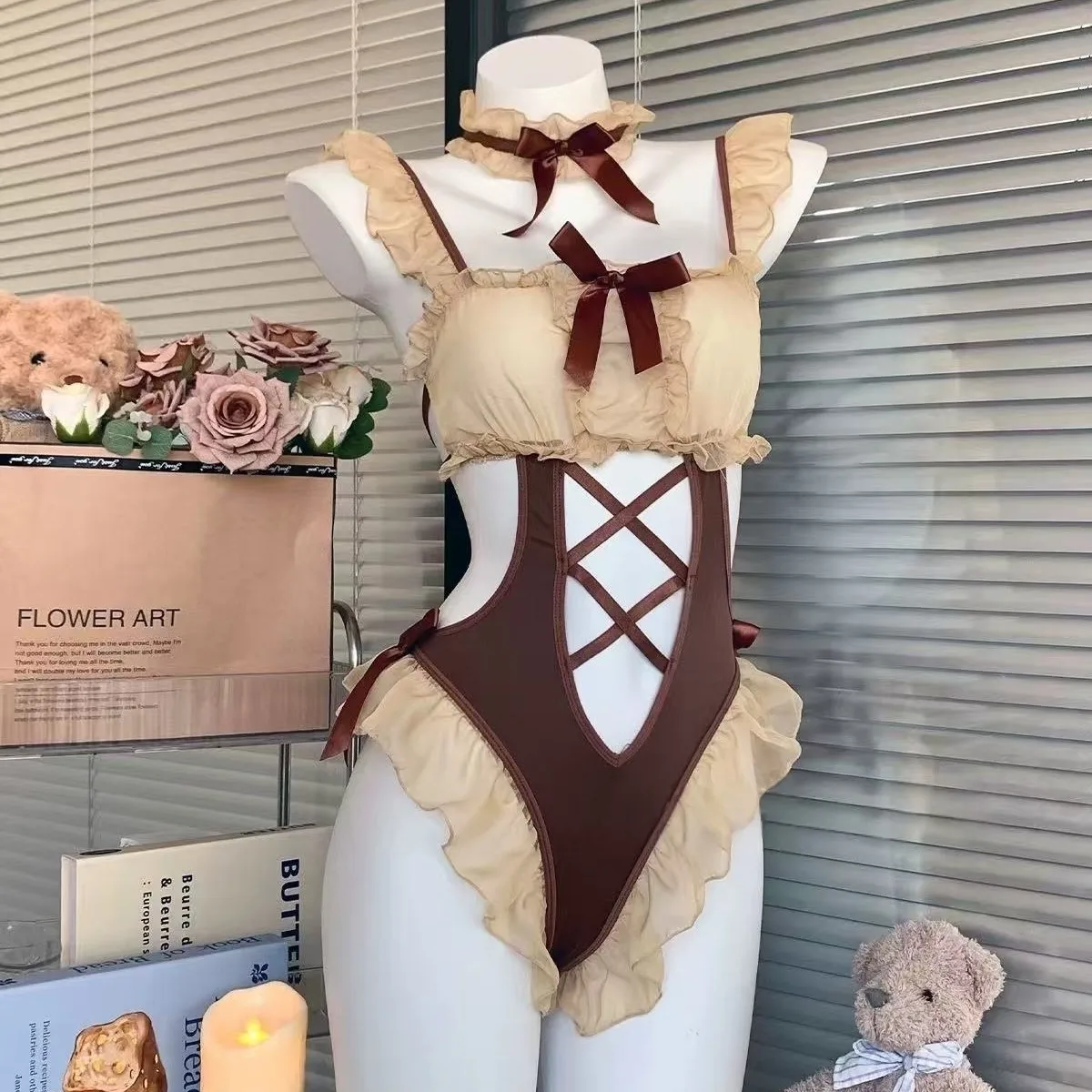 Sexy Pure Desire Bodysuits Bowknot Sweet Brown Sweet Adorable Bear Soft Gauze Pajama Set Pure Desire Bodysuits For Women W1EB