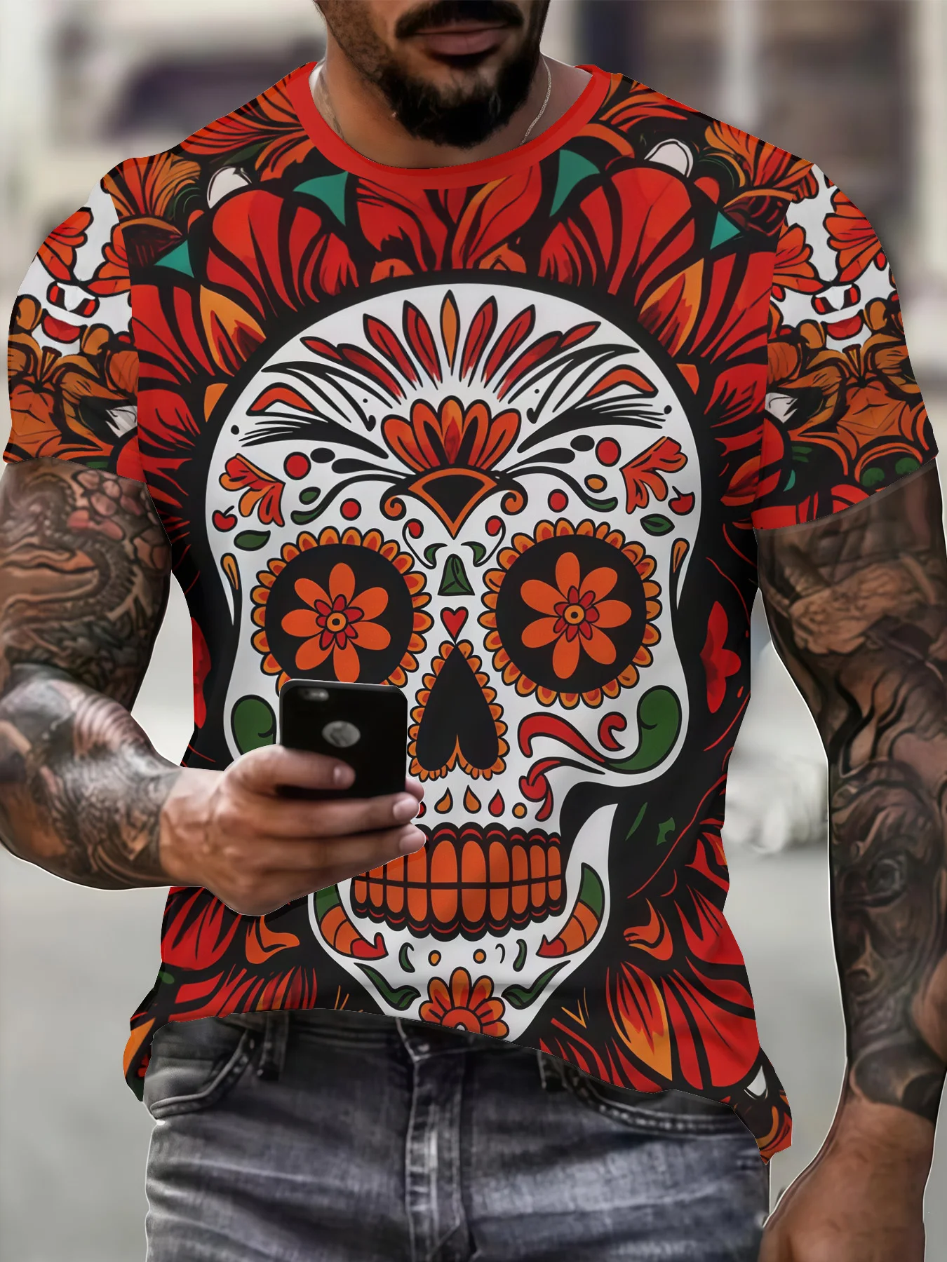 Herren-T-Shirt mit mexikanischem Zuckerschädel-Blumendruck, roter Rundhalsausschnitt, lässiges Oberteil für den Tag der Toten – Detail 1