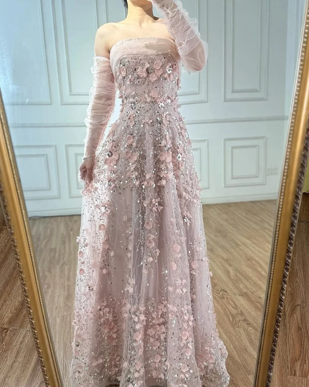 

Customized Matching Intricate Tulle Pleat Flower Beading Sequined A-line Off-the-shoulder Long Dresses Bespoke Occasion Dresses