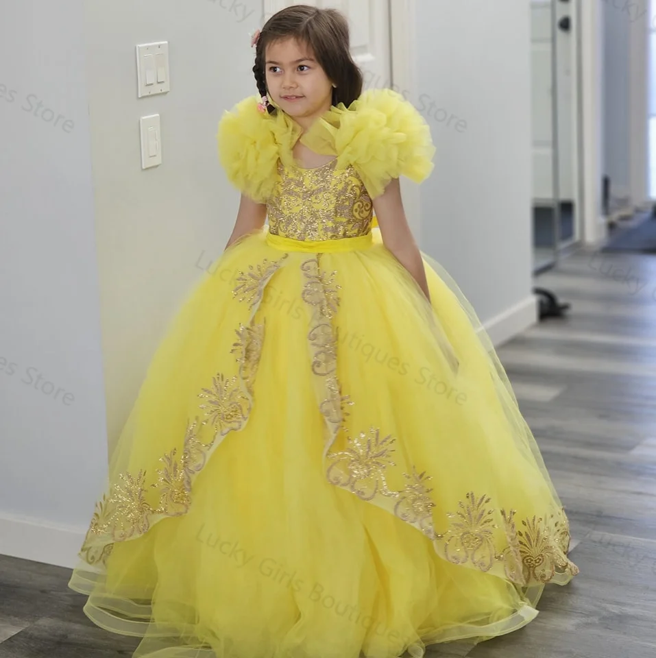 Yellow Ball Gown Girls Pageant Dresses Glitter Lace Sequins Children Birthday Gowns Tiered Ruffles Girls Photography Dresses