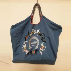 Horse Embroidery Women Shoulder Bag Eco Bag Designer Bags for Women Ball Shopper Purses Rope Handle Tote Handbag Nylon Hobos New