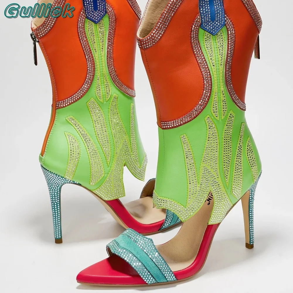 Gullick Mixed Color Boots Pointed Toe Stiletto High Heels Glittering Rhinestone Colorful Red Green Organge Women Fashion Shoes