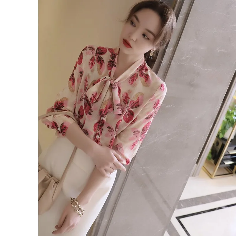 Chiffon Vintage Chiffon Blouses Trend 2024 Summer Prints Tops Long Sleeves Loose Clothing Sales Korean Women's Shirts