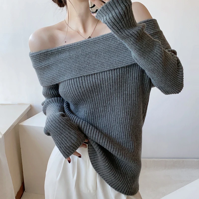 Bardot Neck Long-sleeved Knit Top Off Shoulder Sweater Women Off-the-Shoulder Ribbed Jumper with Open Shoulder Pullover Elegant