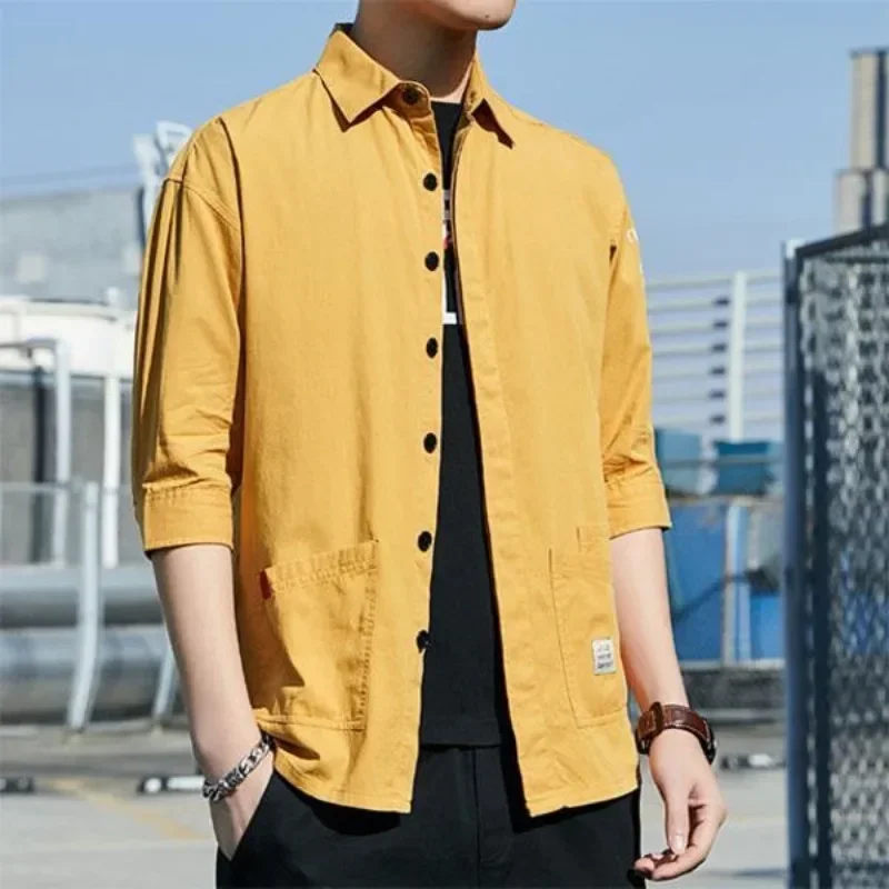 Male Shirts Half Sleeve Cargo Yellow Men's Shirt Fashion Man 2024 Sale Button Up Regular Hipster Cheap Things With 2025 New In