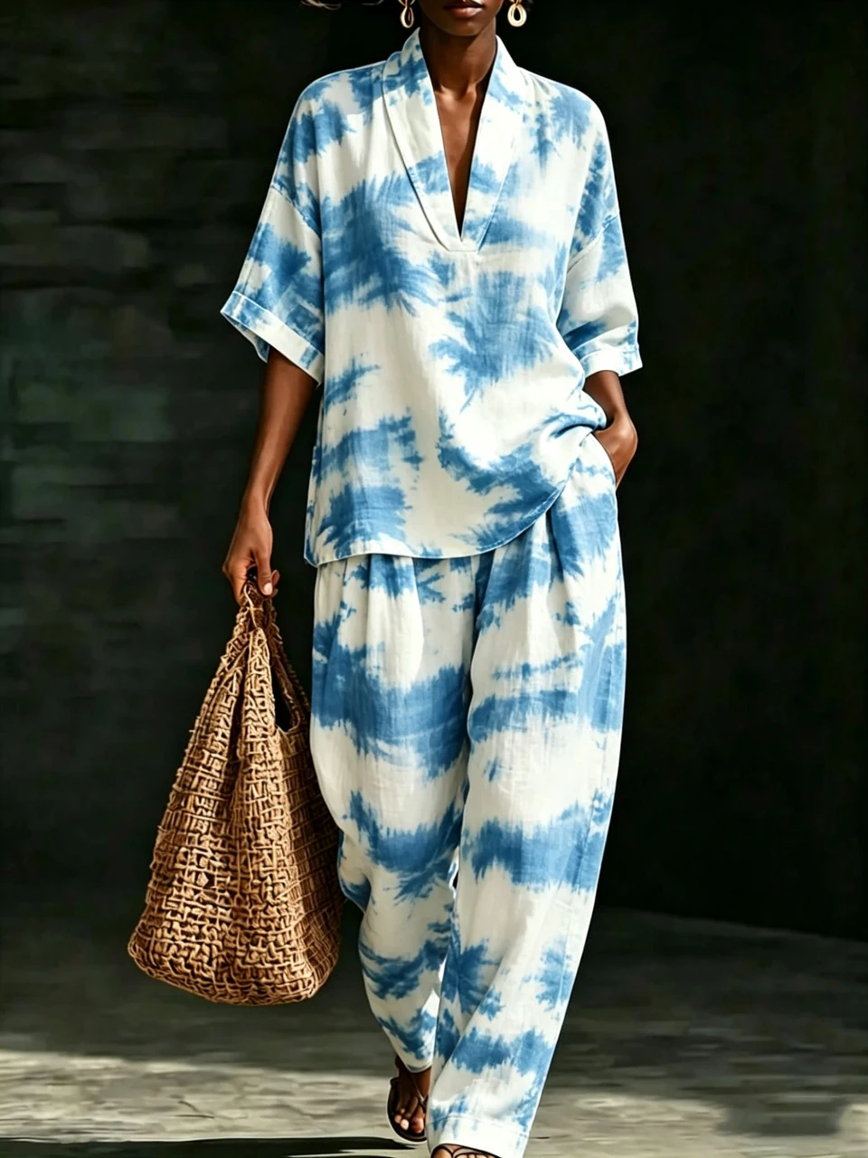 

Tie-Dye Print 2 Piece Set Women Short Sleeve V Neck Top & Wide Leg Pants Casual Loose Suit Fashion Suit Summer Female Outfits
