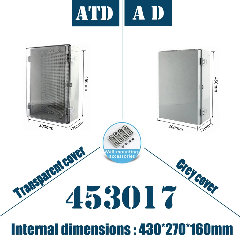 

AD type outdoor waterproof box, with dimensions of 450*300*170mm, waterproof rating of IP67