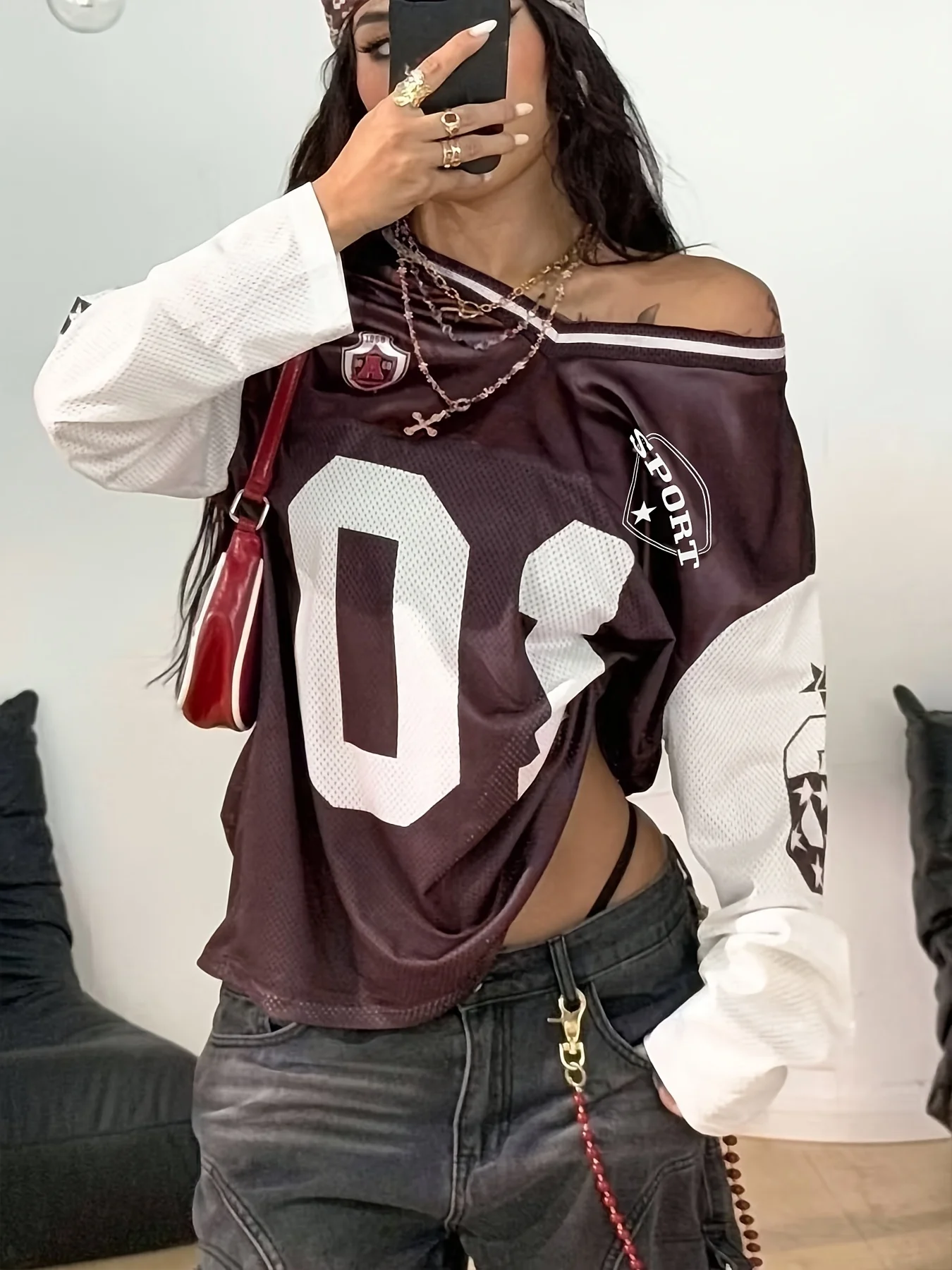 Women's Vintage American Sports V-neck Long Sleeve T-shirt Loose Fashion Casual Number Print Personality Comfortable Te'e Tops