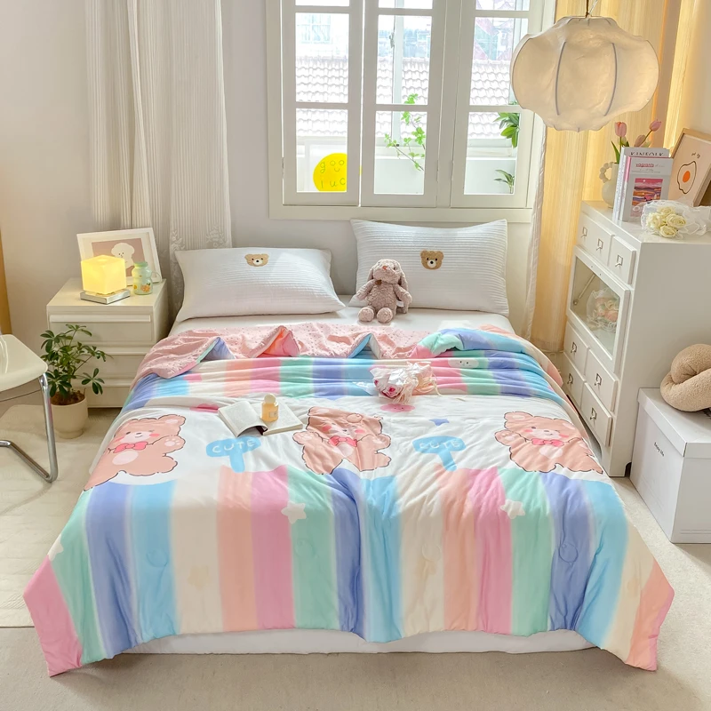 Cartoon Rainbow Bear Summer Quilt 100% Cotton Air Conditioning Thin Quilt for Kids Teens Multi-functional Nap Quilted Quilt