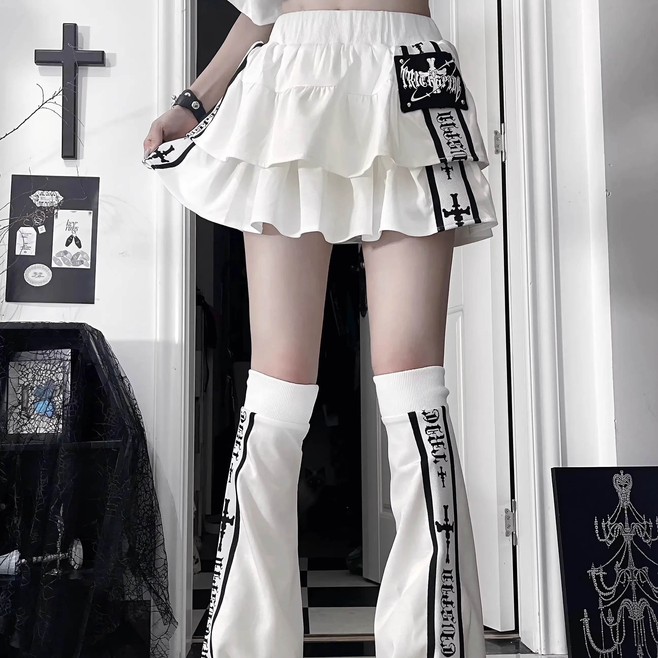 Original Subculture Gothic Loose Short Sleeve Jacket Skirt Leg Warmers Set 2025 Autumn New Girl's Sweet Cool Print Sportswear