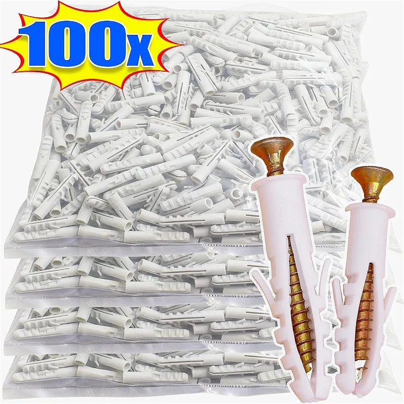 

100pcs Expansion Tubes Plastic Anchor Wall Plug White Concrete Expansion Pipe Column Home Garden DIY Application Screw Fasteners