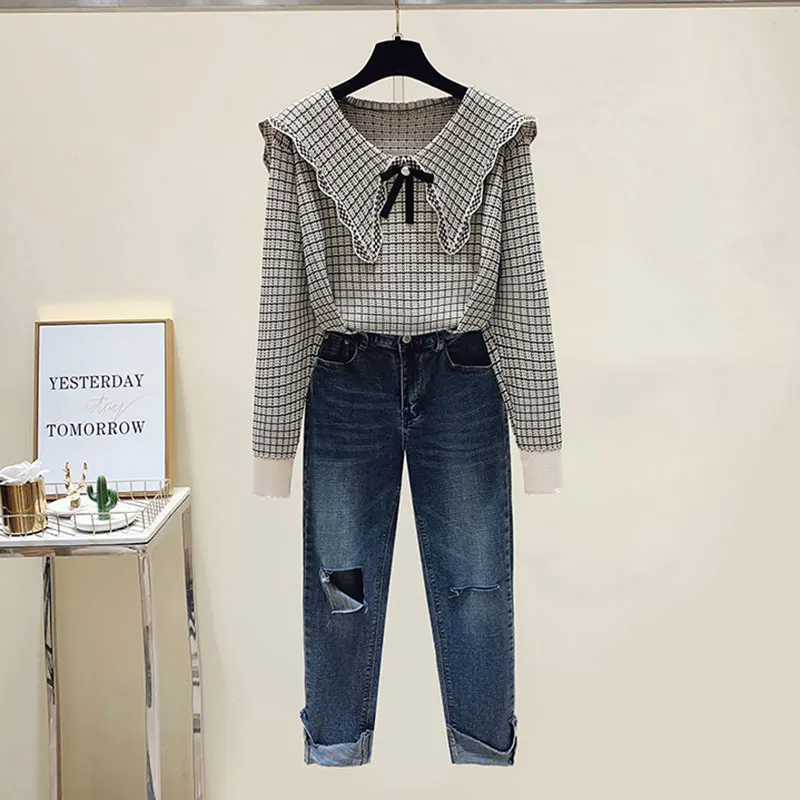 Plaid Vintage Acrylic Knitted Peter pan Collar Pullover Women\'s Sweater Long Sleeve Female Sweaters Tops Woman Clothing Fashion