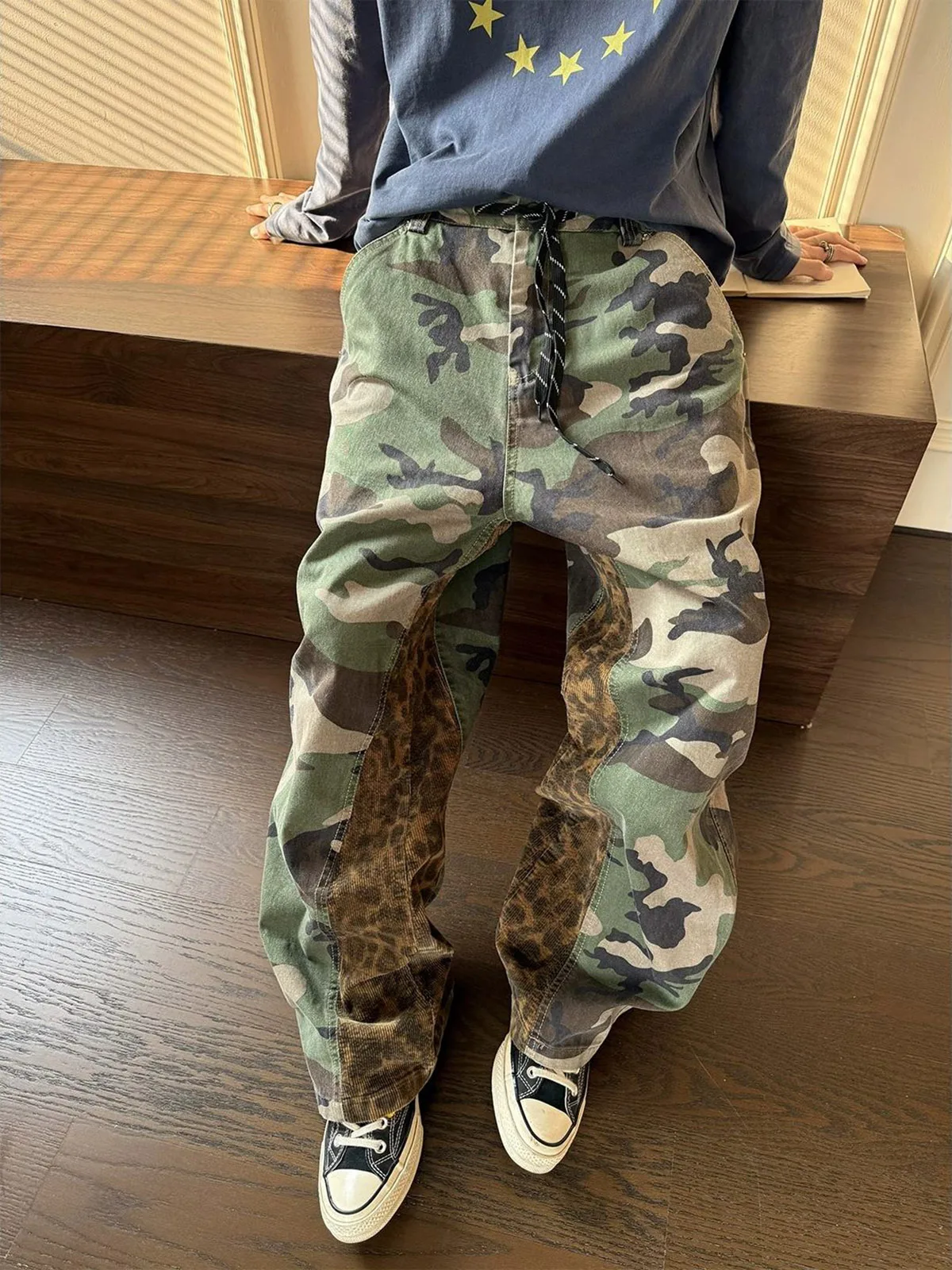 American Camouflage Leopard Print Splicing Jeans Men's Women's Wide Leg Workwear Cleanfit Knife Pants Vintage Style