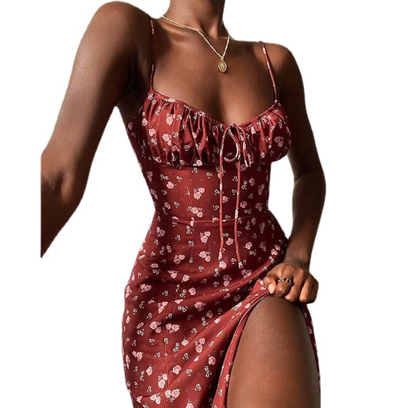 Vestido Sexy con estampado de flores para mujer, vestido largo elegante con abertura alta, hombros descubiertos, Espalda descubierta, Bodycon, verano, 2024