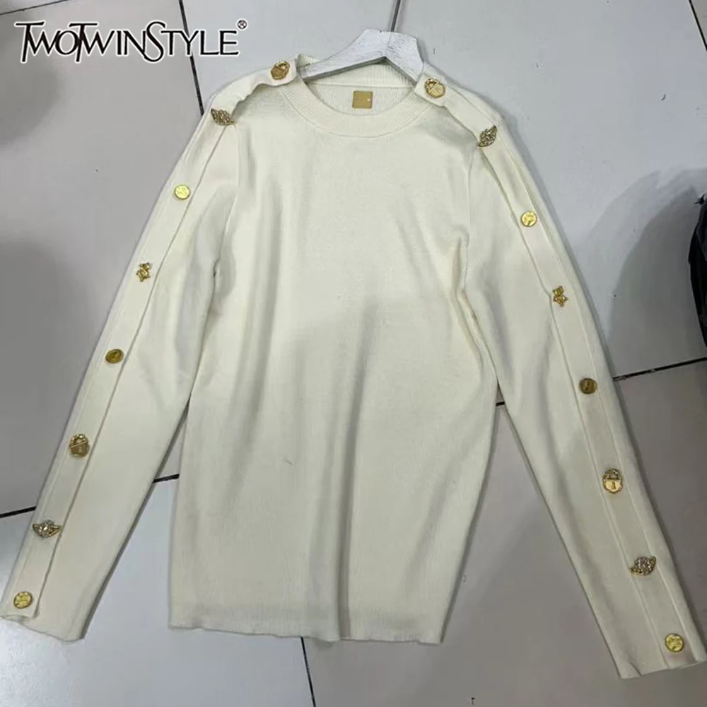 

TWOTWINSTYLE Slim Fit Designer Solid Sweaters For Women Round Neck Long Sleeve Spliced Button Chic Commute Sweater New KMY549764
