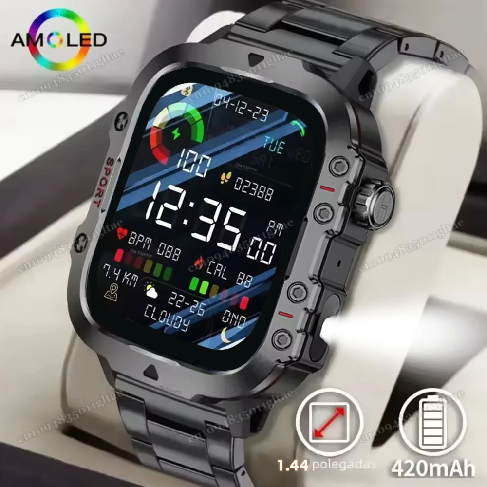 

2025 Rugged Military Smart Watch Men's Watch 1.44Inch HD Touch Screen Voice Bluetooth Call LED Flashlight Outdoor Smartwatch Man