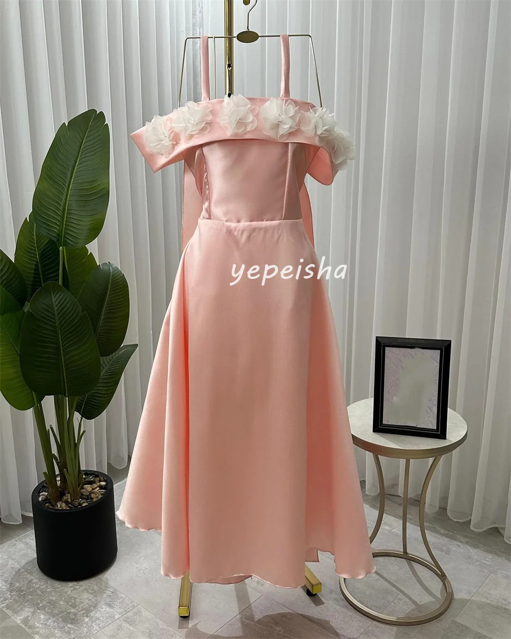 Customized Intricate Pleat Ruched Handmade Flower Rhinestone A-line Off-the-shoulder Midi Dresses Bespoke Occasion Dresses Retro