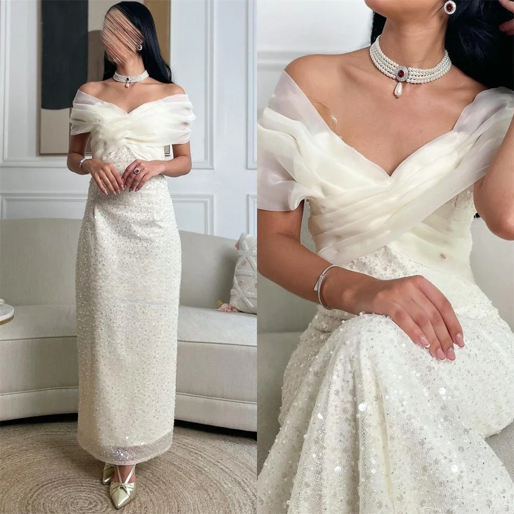 

Saudi Beads Off Shoulder Prom Dresses Strapless Floor Evening Dresses Sequins Sleeveless Special Occasion Wedding Party Gowns