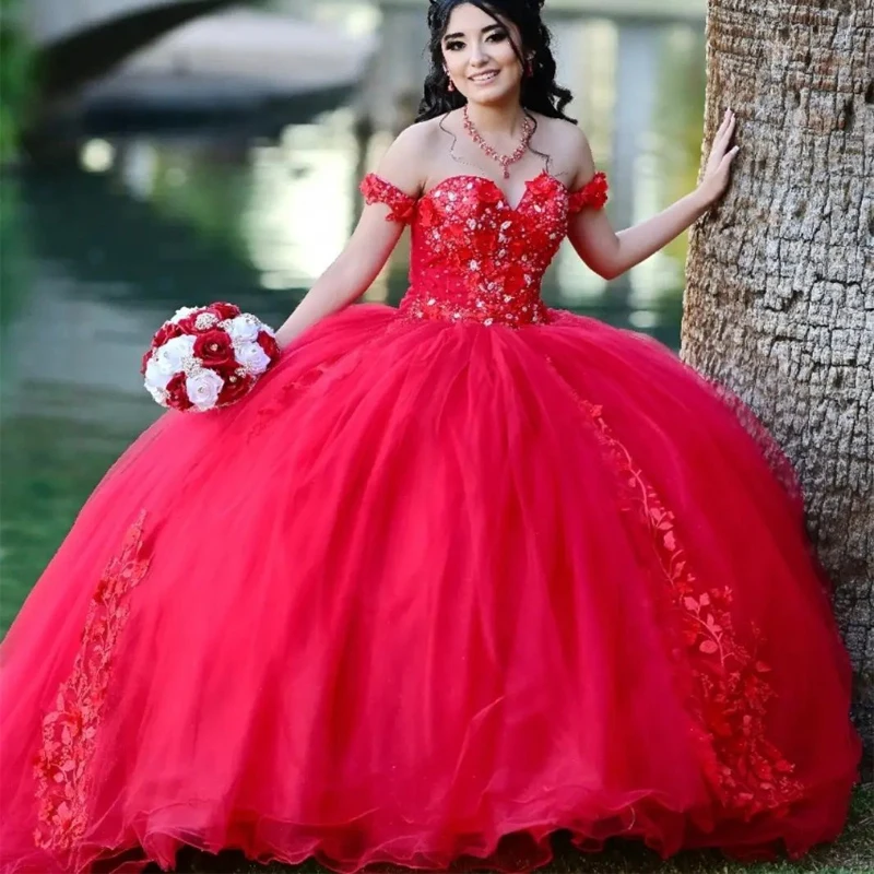 ANGELSBRIDEP Red Quinceanrea Dresses With Beading Crystal Applique Off Shoulder Tulle Plus Size Sweet 15 16 Birthday Party Gowns