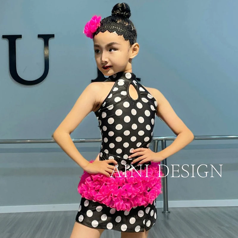 

Summer Girls Latin Dance Clothes Rose Pink Ruffles Polka Dot Dress Class Group Performance Costume Kids Stage Dress DNV20910