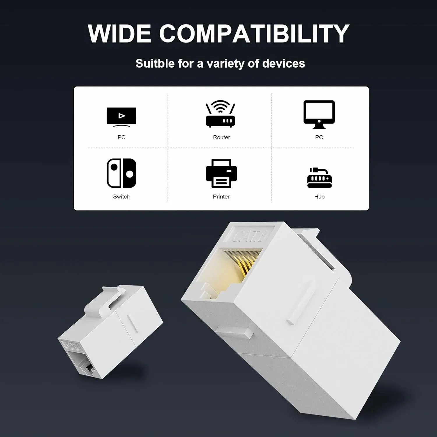 Woeow อุปกรณ์ต่อคีย์สโตนสำหรับ CAT6 RJ45 12ชิ้นหัวต่อตัวเมียตัวเมียตัวเมียเป็นปลั๊กตัวเชื่อมต่อแบบอินไลน์ CAT6 UTP สีขาว