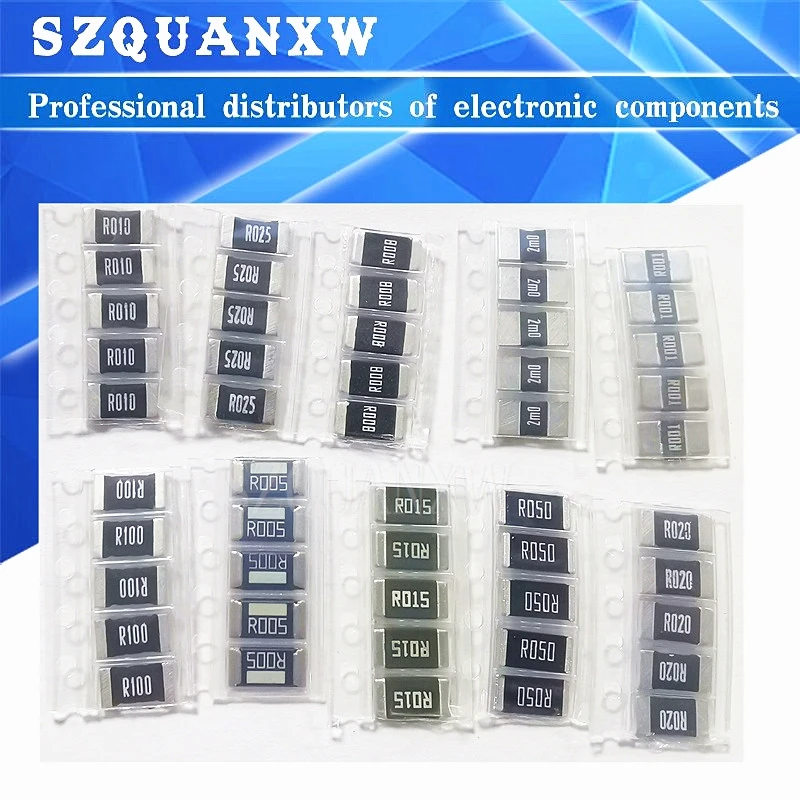 50PCS Alloy resistance 2512 SMD Resistor Samples kit ,10 kindsX5pcs=50pcs R001 R002 R005 R008 R010 R015 R020 R025 R050 R100