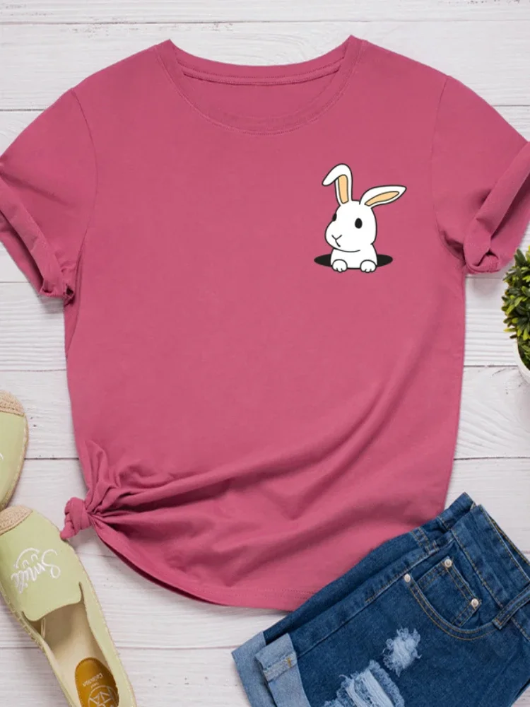 Mulheres Camiseta Estampada de Coelho, Manga Curta, Gola O, Solta, Bolso, Camiseta Feminina, Tops Roupas