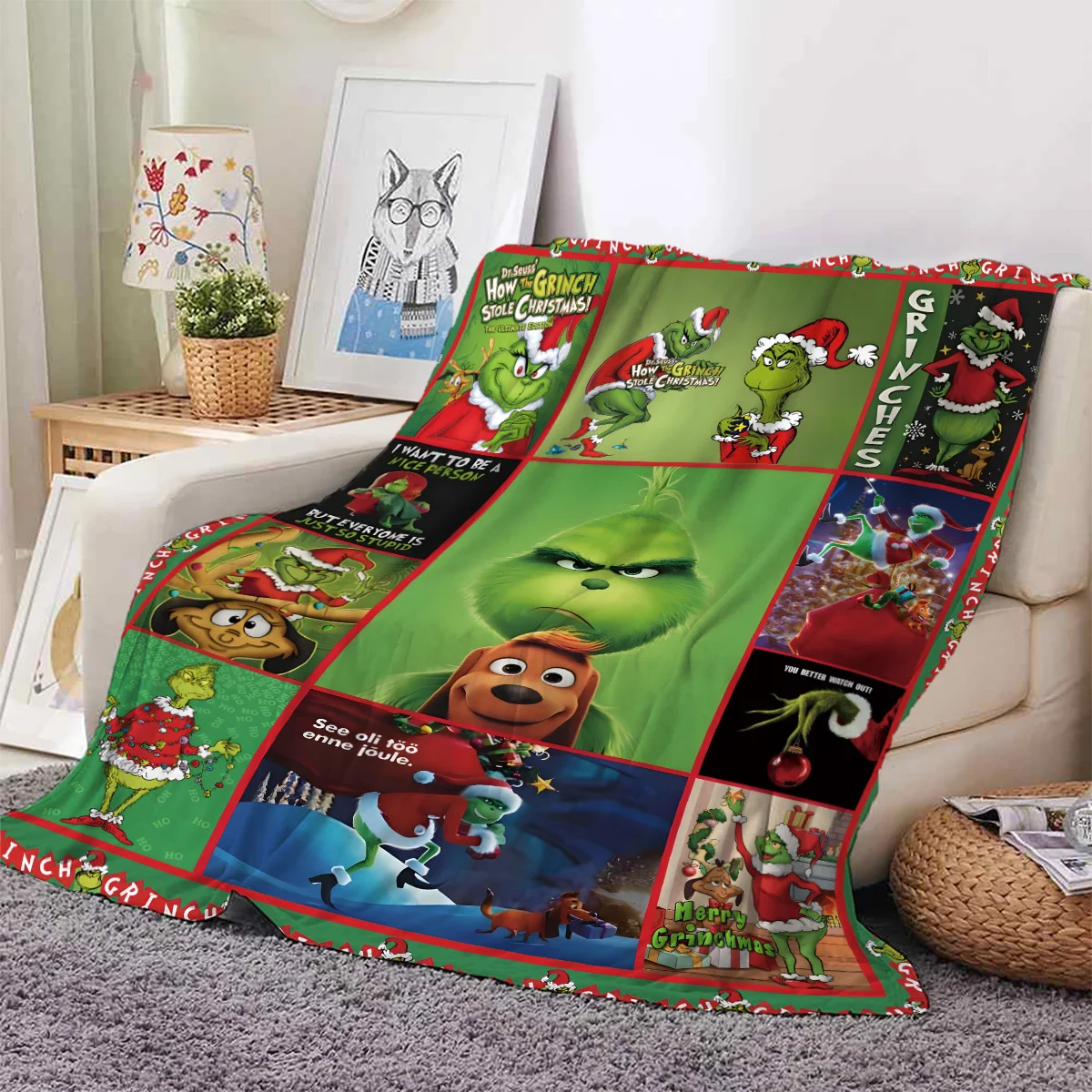 1pc Funny cartoon Grinch print thickened flannel blanket, warm, skin-friendly, soft, suitable for sofa, bed, travel, office