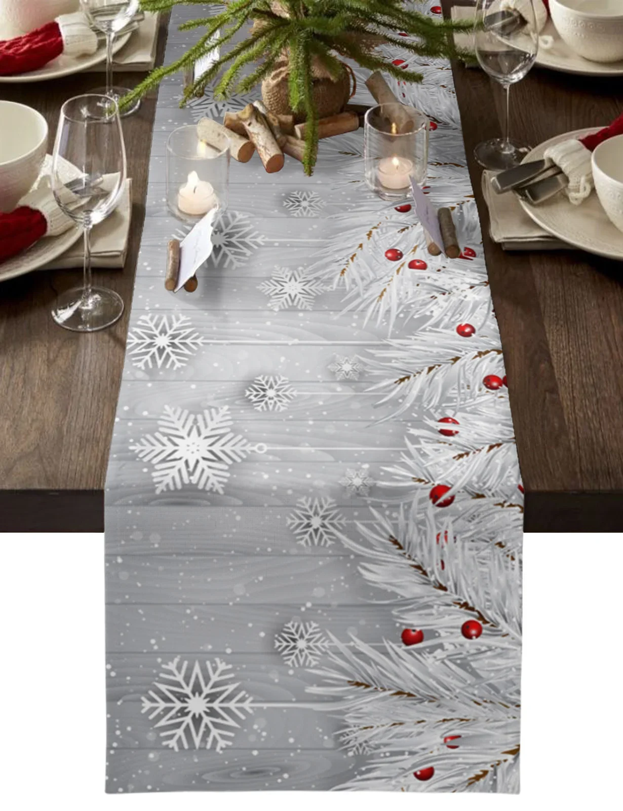 Christmas Silver Fir Leaves Snowflakes Wood Grain Linen Table Runners Kitchen Decoration Table Runner Festival Party Supplies