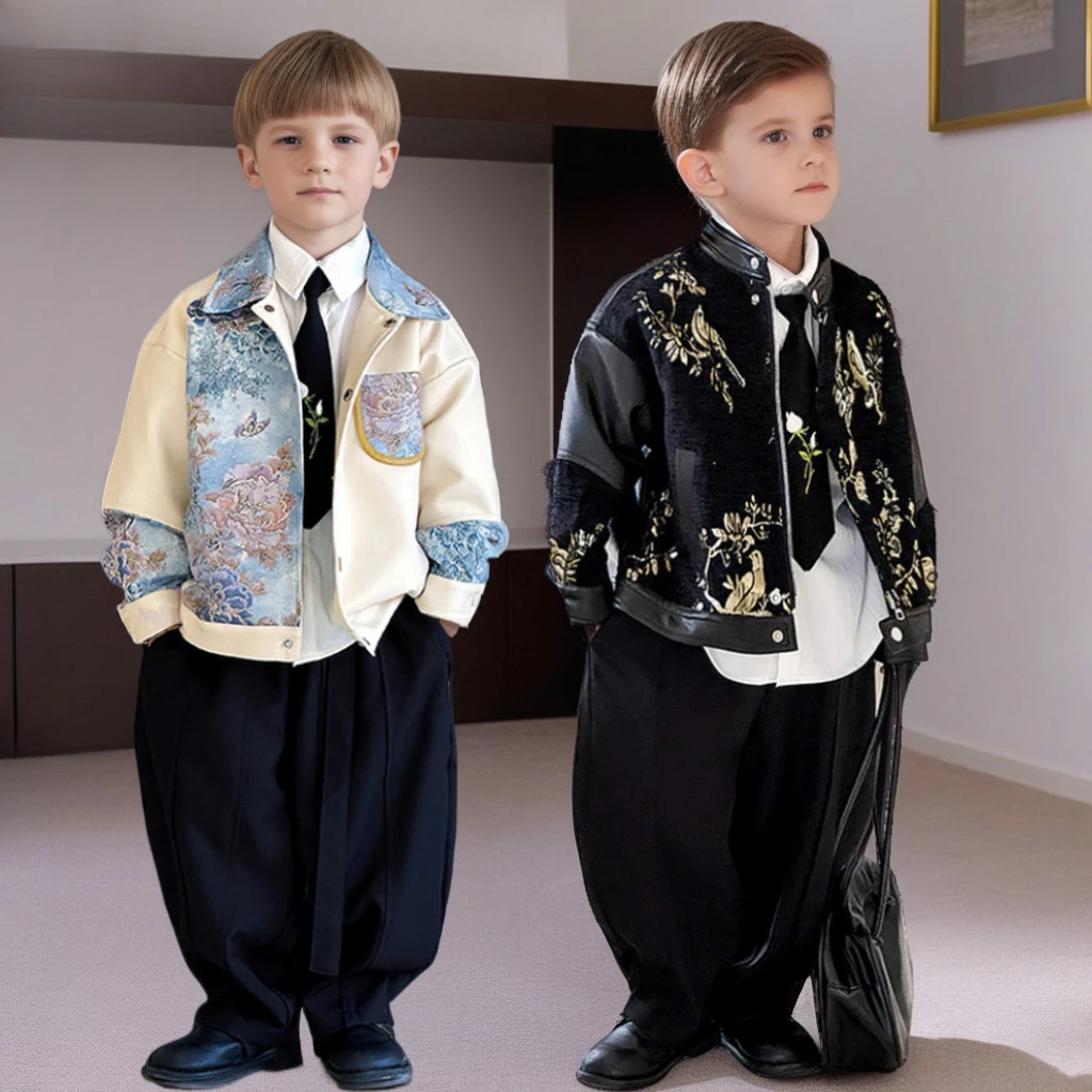 

Boys Costume Embroidered Floral PU Leather Jacket & Pants Set 2025 Autumn New Kids Outfit Set Hip-Hop Windbreaker 2-11 Years