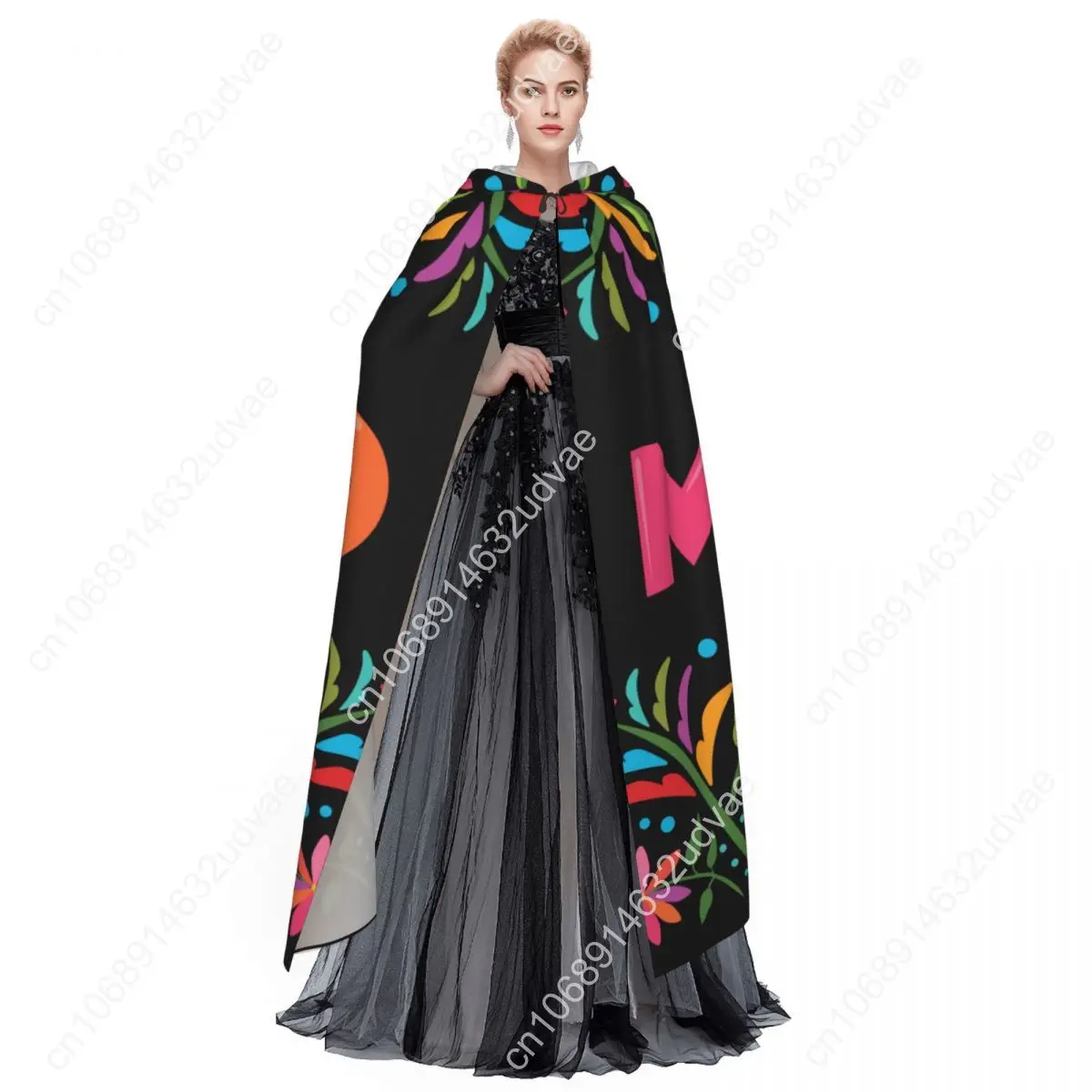 Colorful Mexican Traditional Pattern Hooded Cloak Polyester Unisex Witch Cape Costume Accessory