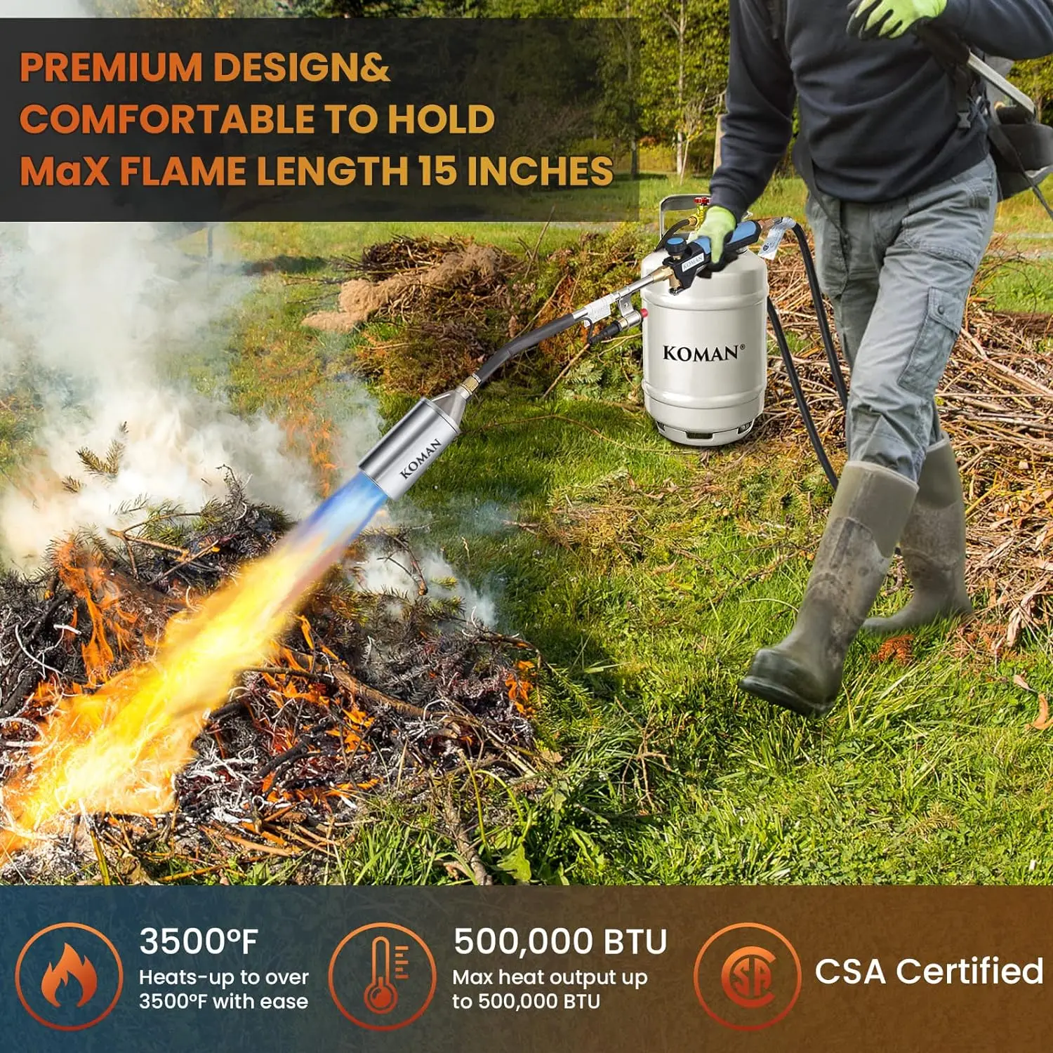 Heavy Duty Weed Torch Burner Propane Torch Weed Burner (CSA Certified)Flamethrower with 9.8 FT Hose 500000 BTU Self Igniting