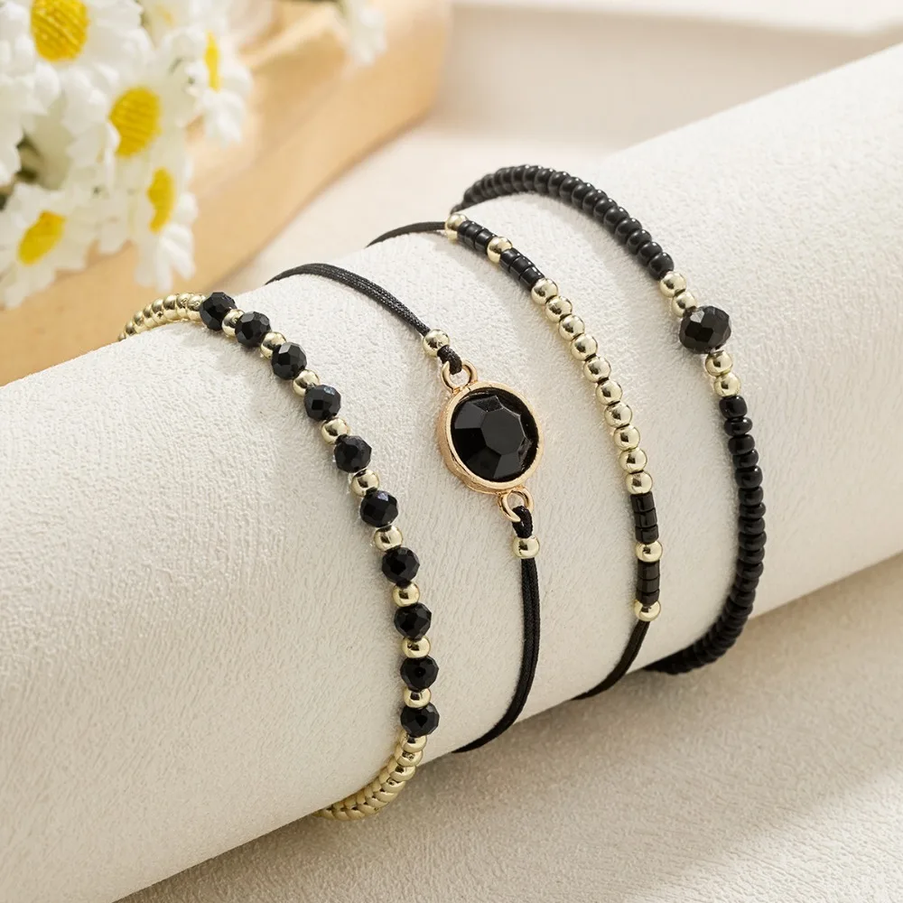 4pcs Set Bohemian Personality Hand Weaving Two-color Geometric Round Rice Beads Elastic Anklets for Women Stackable Jewelry Sets