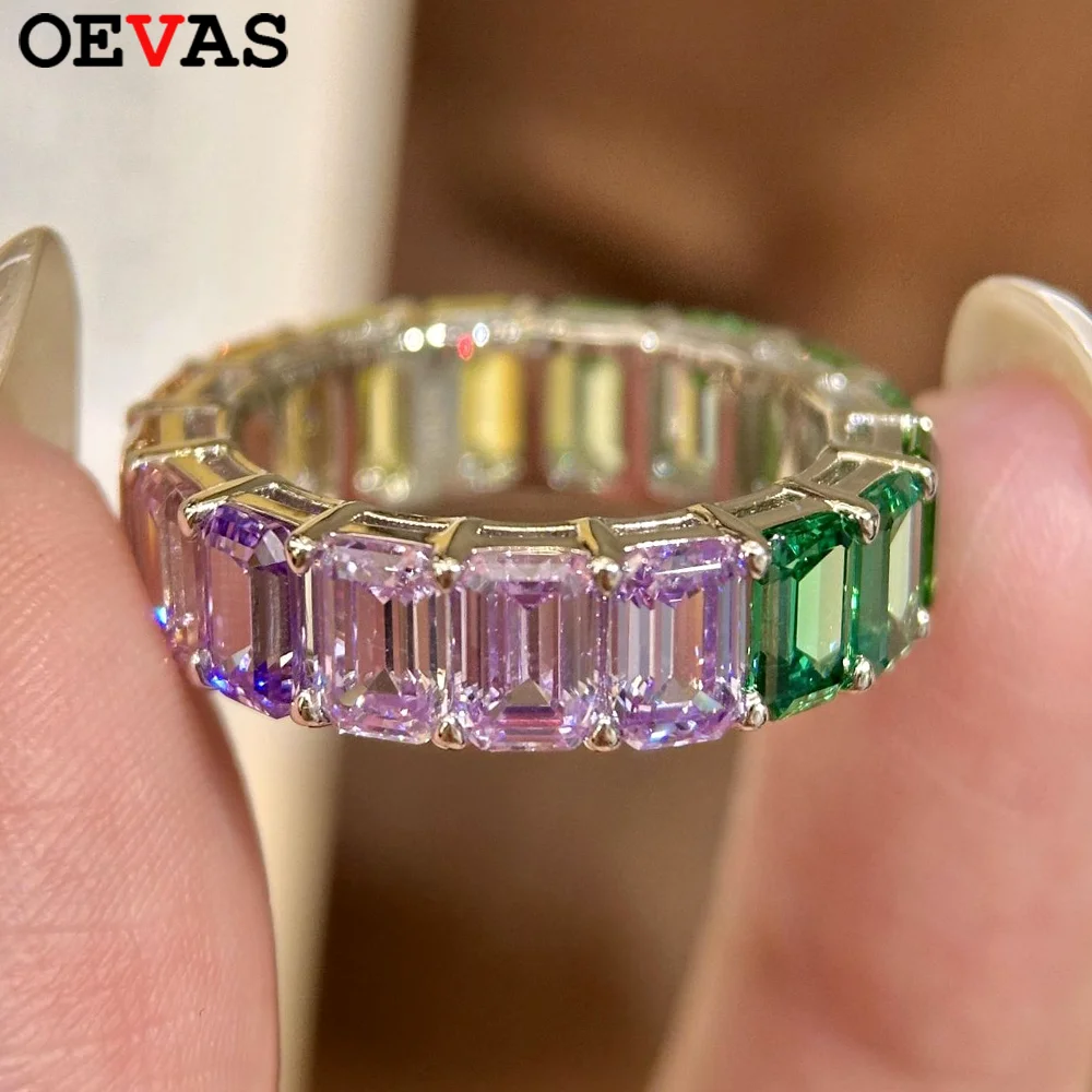 

OEVAS 4*6mm Emerald Cut High Carbon Diamond Ring 100% S925 Silver Rainbow Color Lab Diamond Wedding Band For Women Fine Jewelry