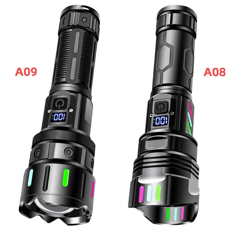Zoomable White Laser Flashlight - Super Bright, Digital Display, Color Fluorescent, Emergency Tactical Rechargeable Torch