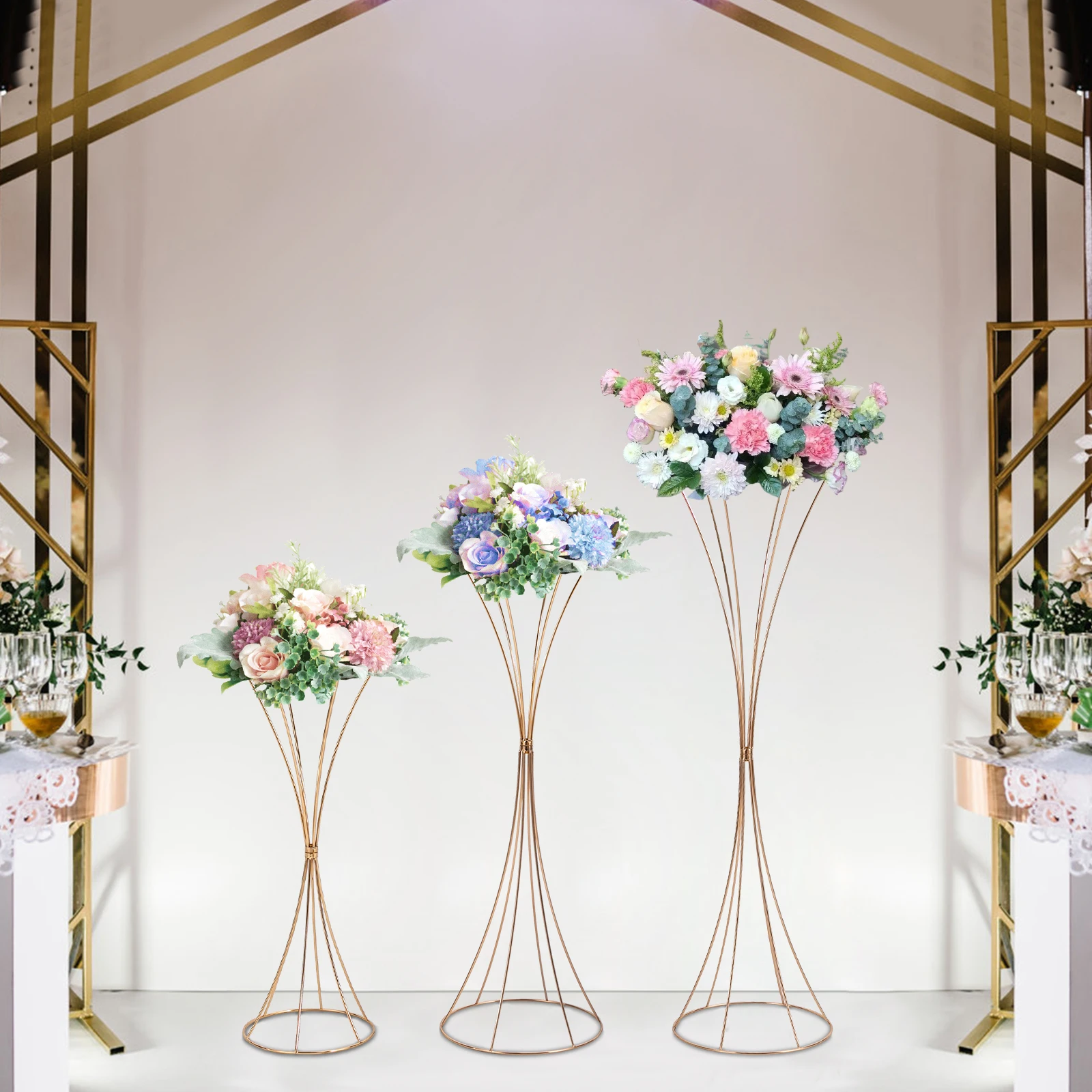 

Высокие центральные композиции для столов от 50 до 79 см, ваза-песочные часы, золотые металлические подставки для цветов, 3 шт. для свадеб
