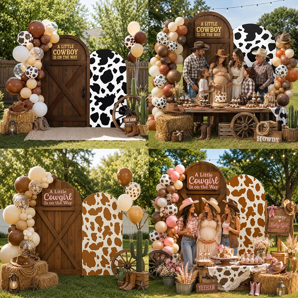 2-sided Cowboy Baby Shower Chiara Arch Backdrop Cover Cow Print Western Cowgirl Barn Farm Rodeo Party Banner Background Props