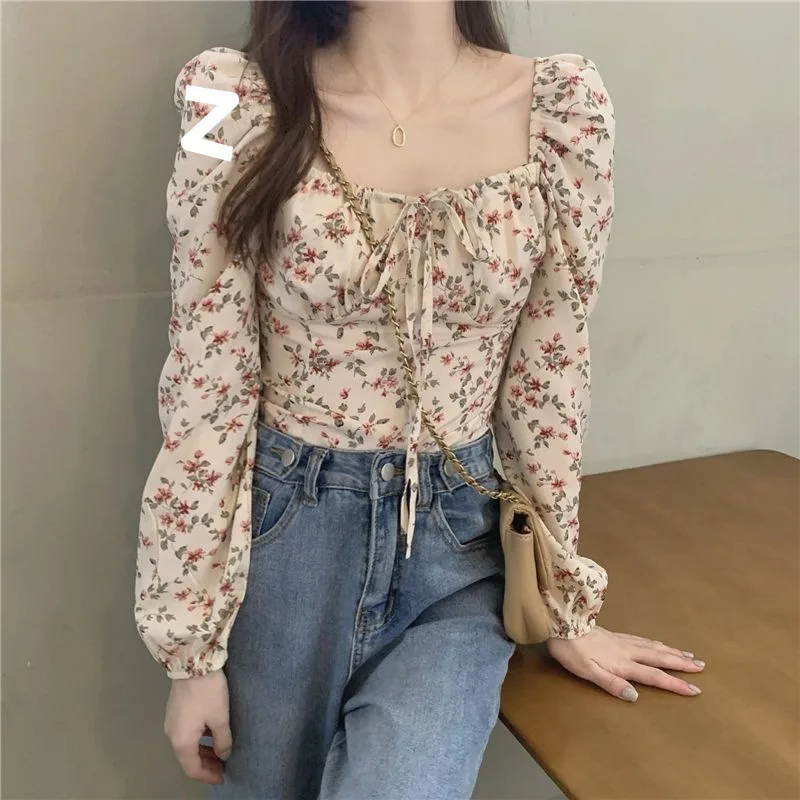 

2026 Весна и осень, новый стиль, модная женская рубашка с длинными рукавами и длинными рукавами, маленький и уникальный топ больших размеров с французским цветочным принтом
