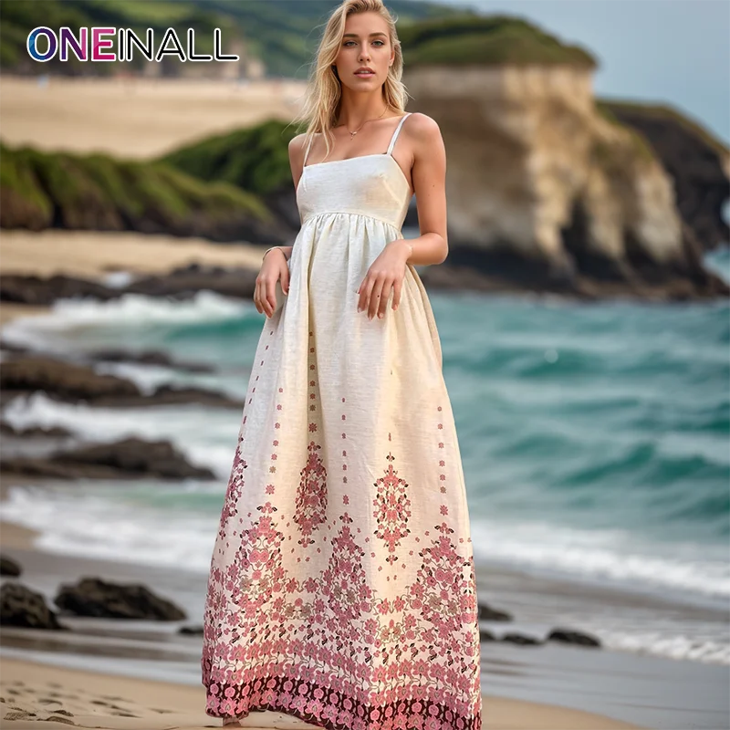 ONEINALL Elegant Camisole Long Dresses For Women Square Collar Sleeveless High Waist Retro Printing Dress Female Summer Clothing