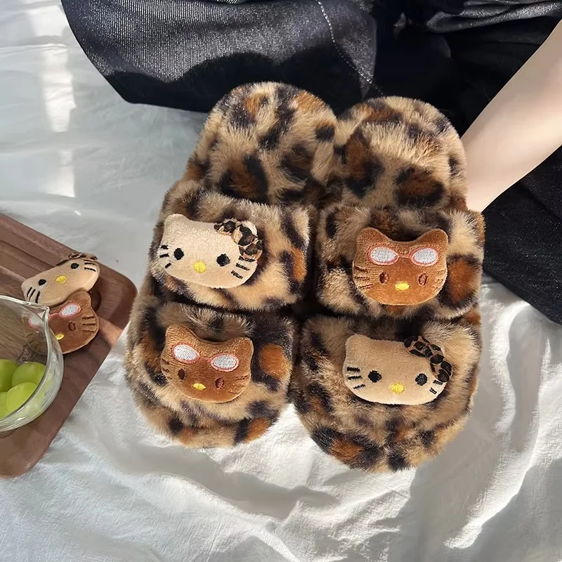 Sanrio Hello Kitty Leopard Print Plush Flat Cotton Slippers  Non-Slip Outdoor Home Slipper Autumn Winter Spicy Thick Bottom ﻿