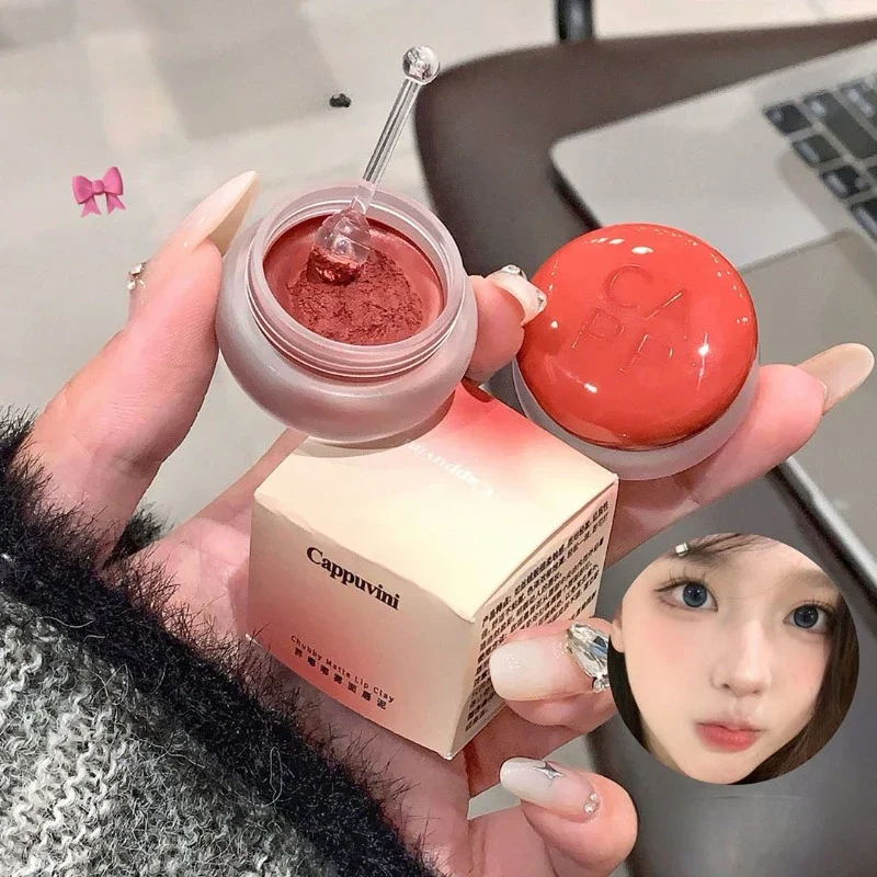 Cappuvini Canned Lip Mud Matte Velvet Mousse Lip Gloss Moisturizing Lipstick Cheek Blush Cream Tint Lips Korean Makeup Products