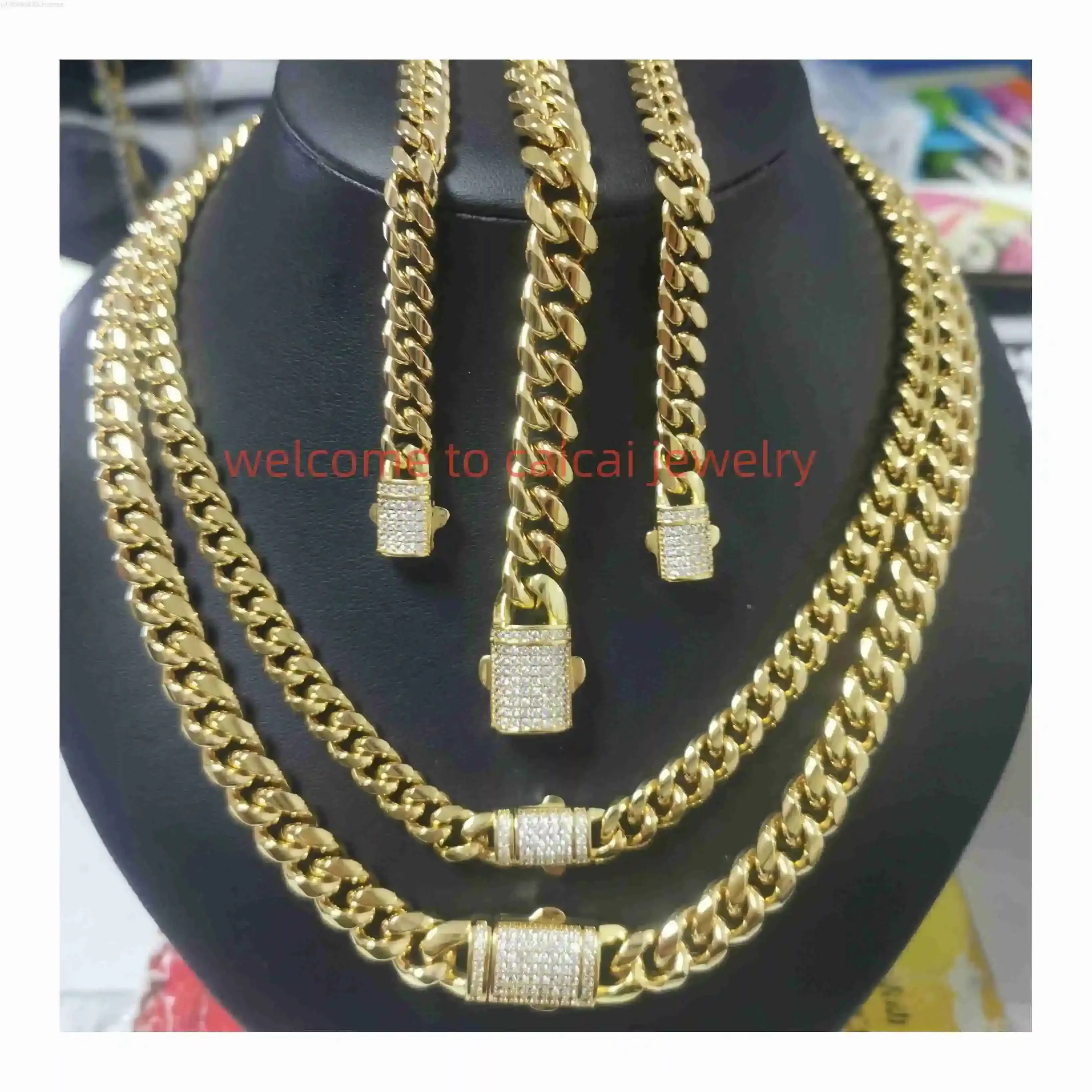 

14K Gold Cuban Link Chain Necklace Iced Stainless Steel Men Women Classic Monaco Hip Hop Bracelet
